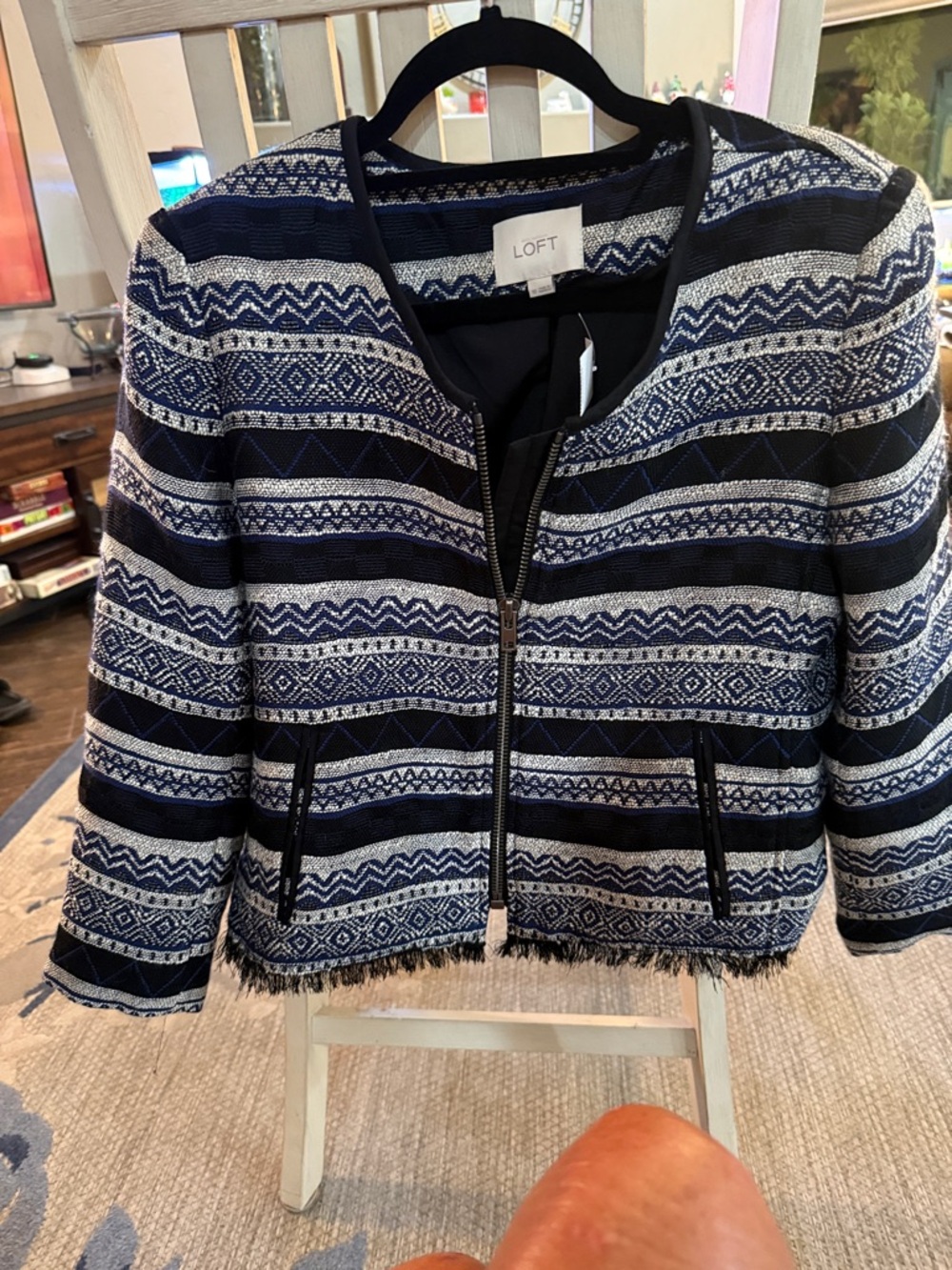 LOFT Black & White Patterned Zip Front Jacket